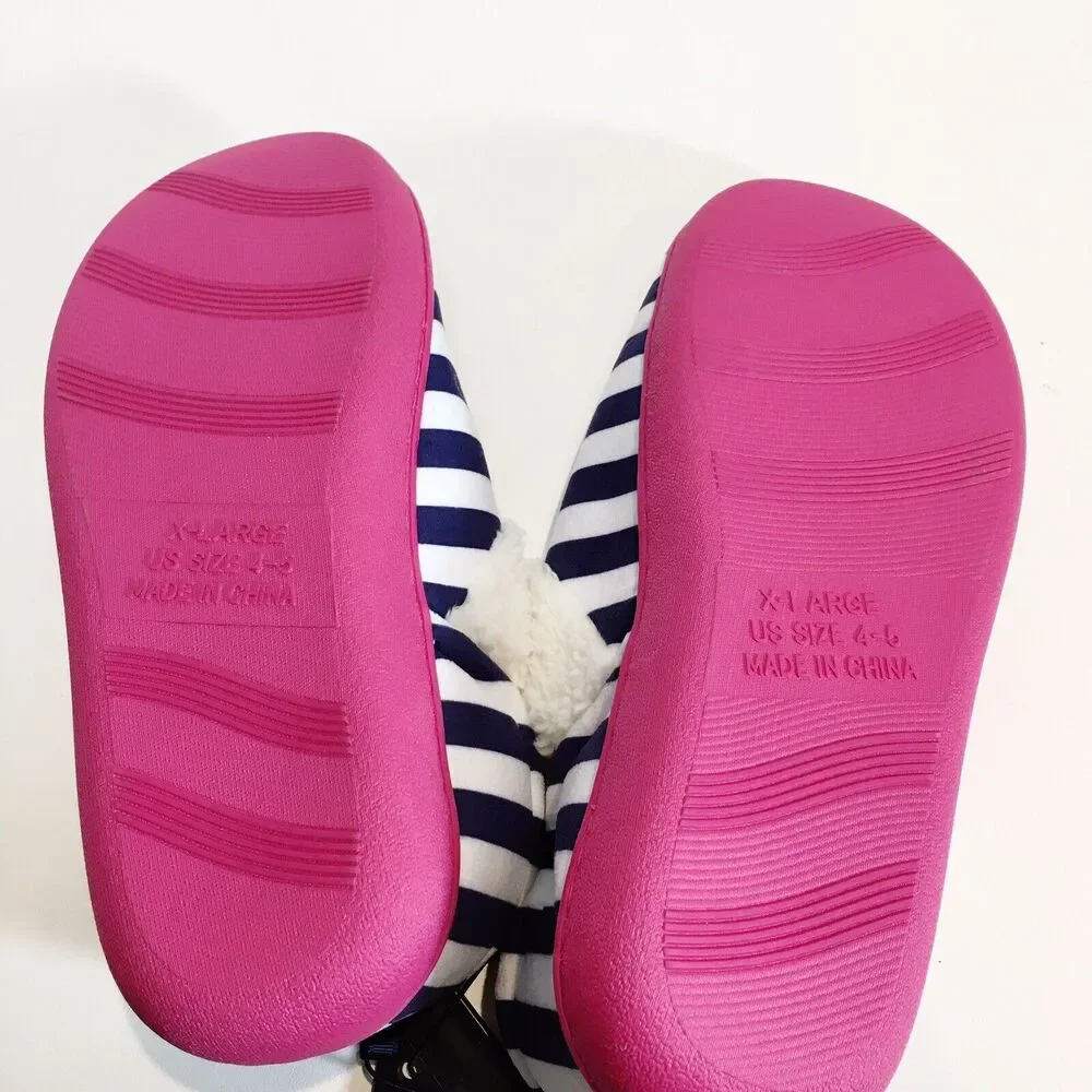 Girls Slippers NAVY BLUE WHITE STRIPED Pink Bow SHERPA LINED Rubber‎ Sole XL 4-5